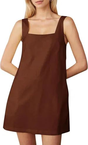 Summer Sleeveless Cotton Linen Mini Dress for Women Casual Square Neck Backless Short Dress Solid Tank Shift Dresses