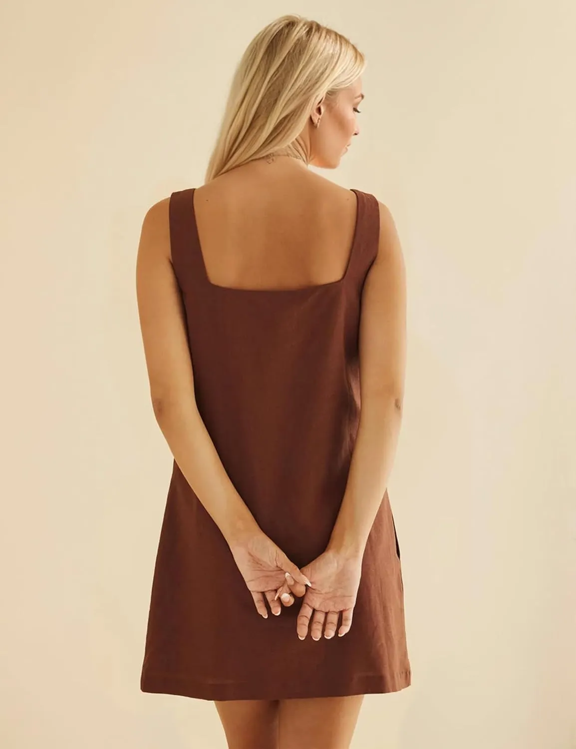 Summer Sleeveless Cotton Linen Mini Dress for Women Casual Square Neck Backless Short Dress Solid Tank Shift Dresses