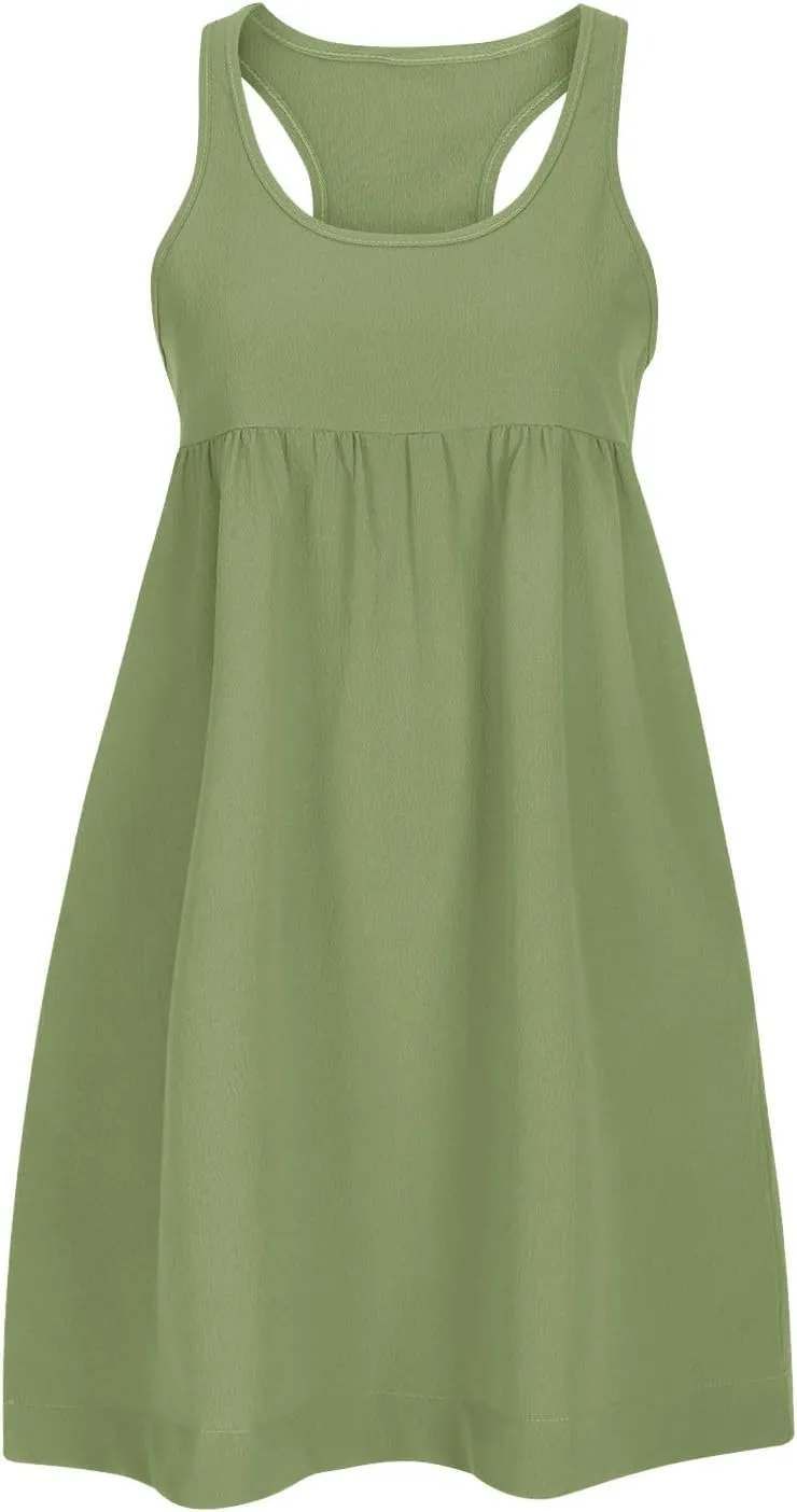 Sun Dresses for Women 2025 Vacation Beach Sleeveless Scoop Neck Mini Dress Summer Casual Loose Fit Babydoll Sundress