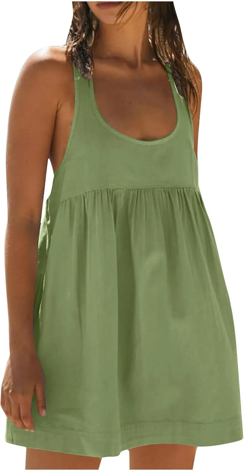 Sun Dresses for Women 2025 Vacation Beach Sleeveless Scoop Neck Mini Dress Summer Casual Loose Fit Babydoll Sundress