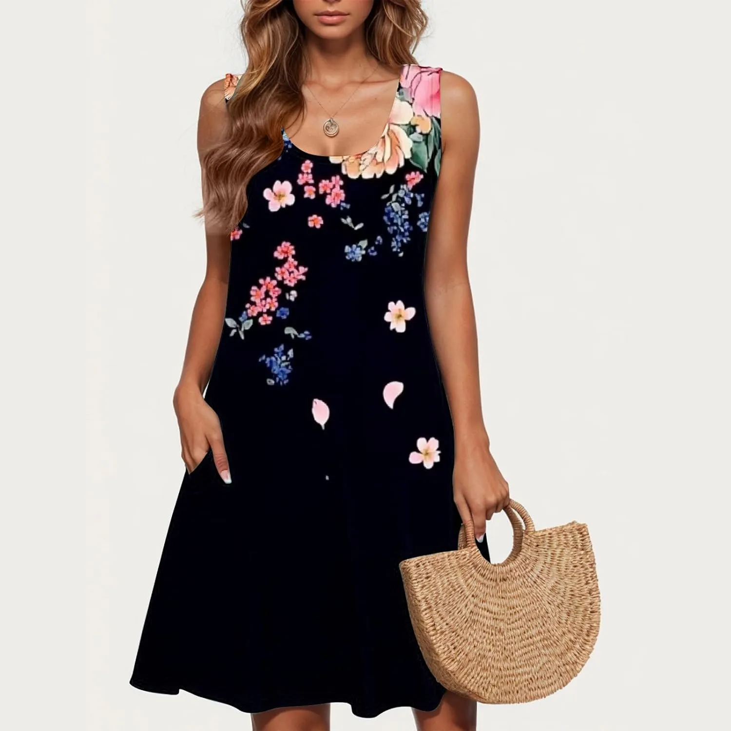Sun Dresses for Women 2025 Vacation Bohemian Floral Flowy a Line Tank Dress Casual Summer Beach Coverup with Pockets