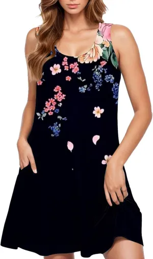 Sun Dresses for Women 2025 Vacation Bohemian Floral Flowy a Line Tank Dress Casual Summer Beach Coverup with Pockets