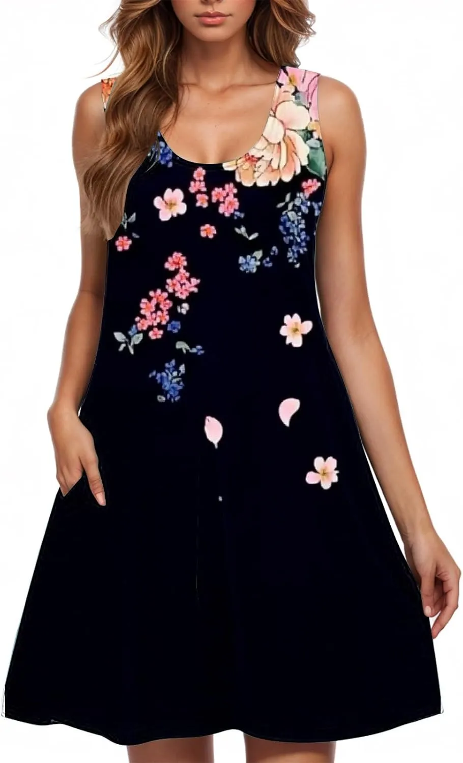 Sun Dresses for Women 2025 Vacation Bohemian Floral Flowy a Line Tank Dress Casual Summer Beach Coverup with Pockets