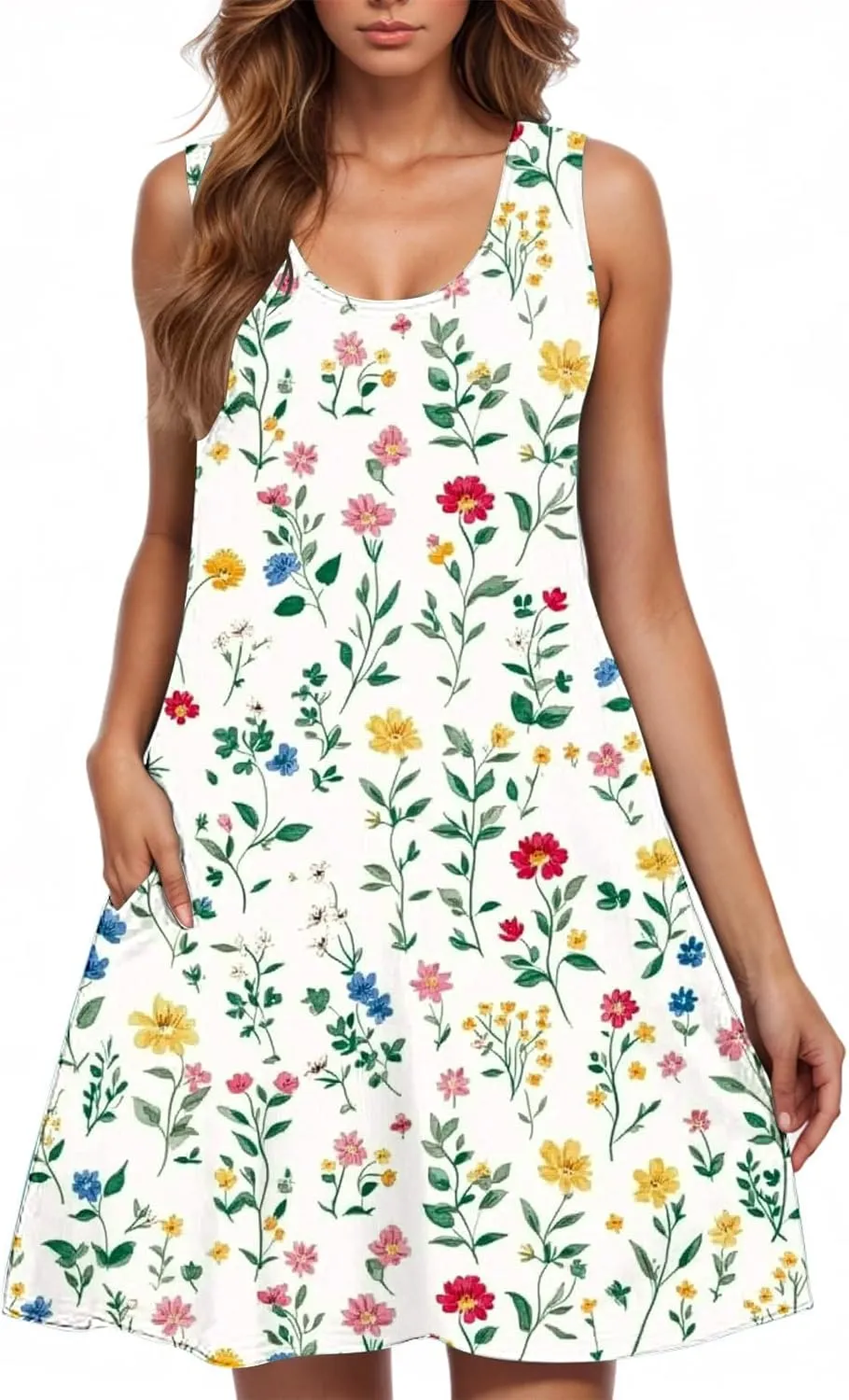 Sun Dresses for Women 2025 Vacation Bohemian Floral Flowy a Line Tank Dress Casual Summer Beach Coverup with Pockets