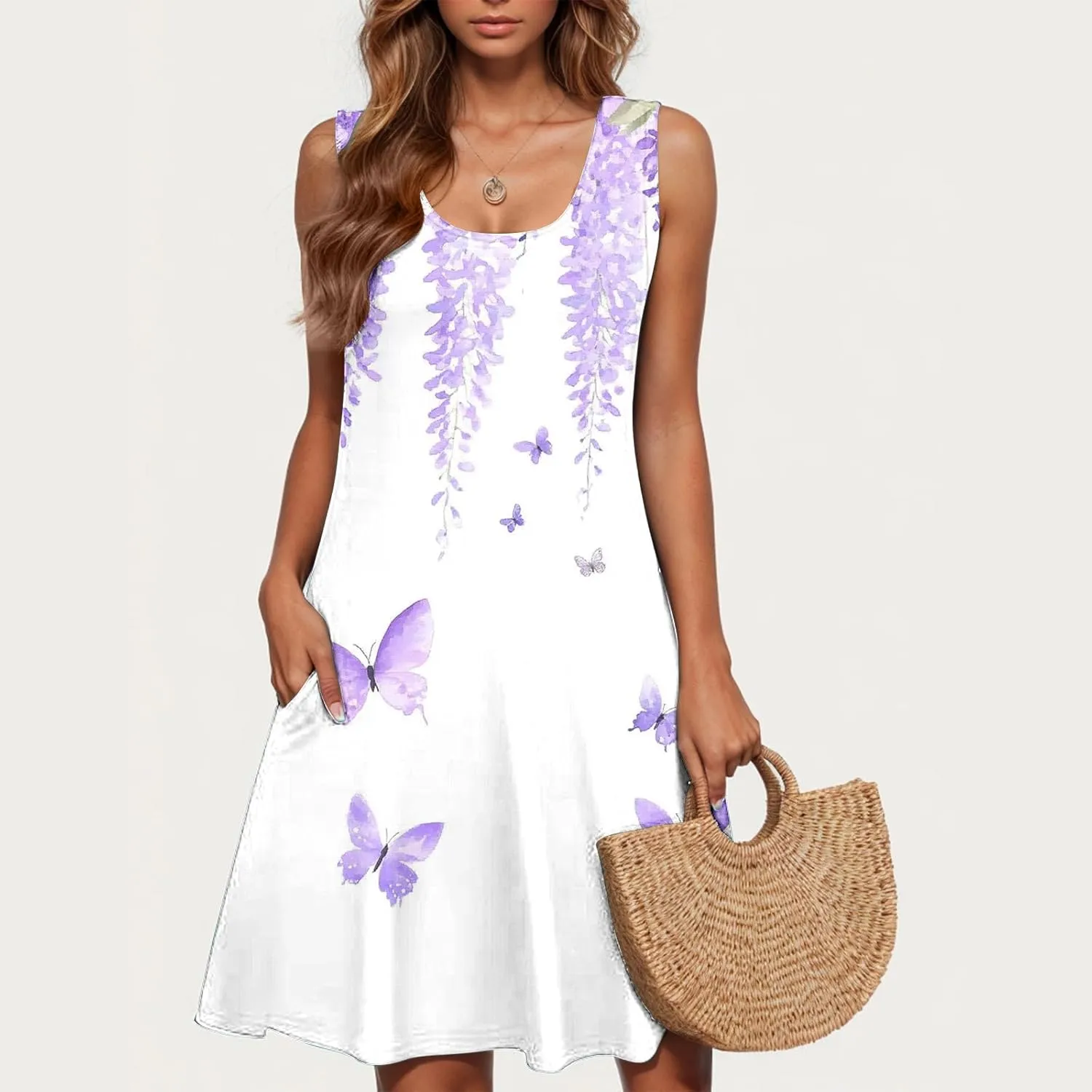 Sun Dresses for Women 2025 Vacation Bohemian Floral Flowy a Line Tank Dress Casual Summer Beach Coverup with Pockets