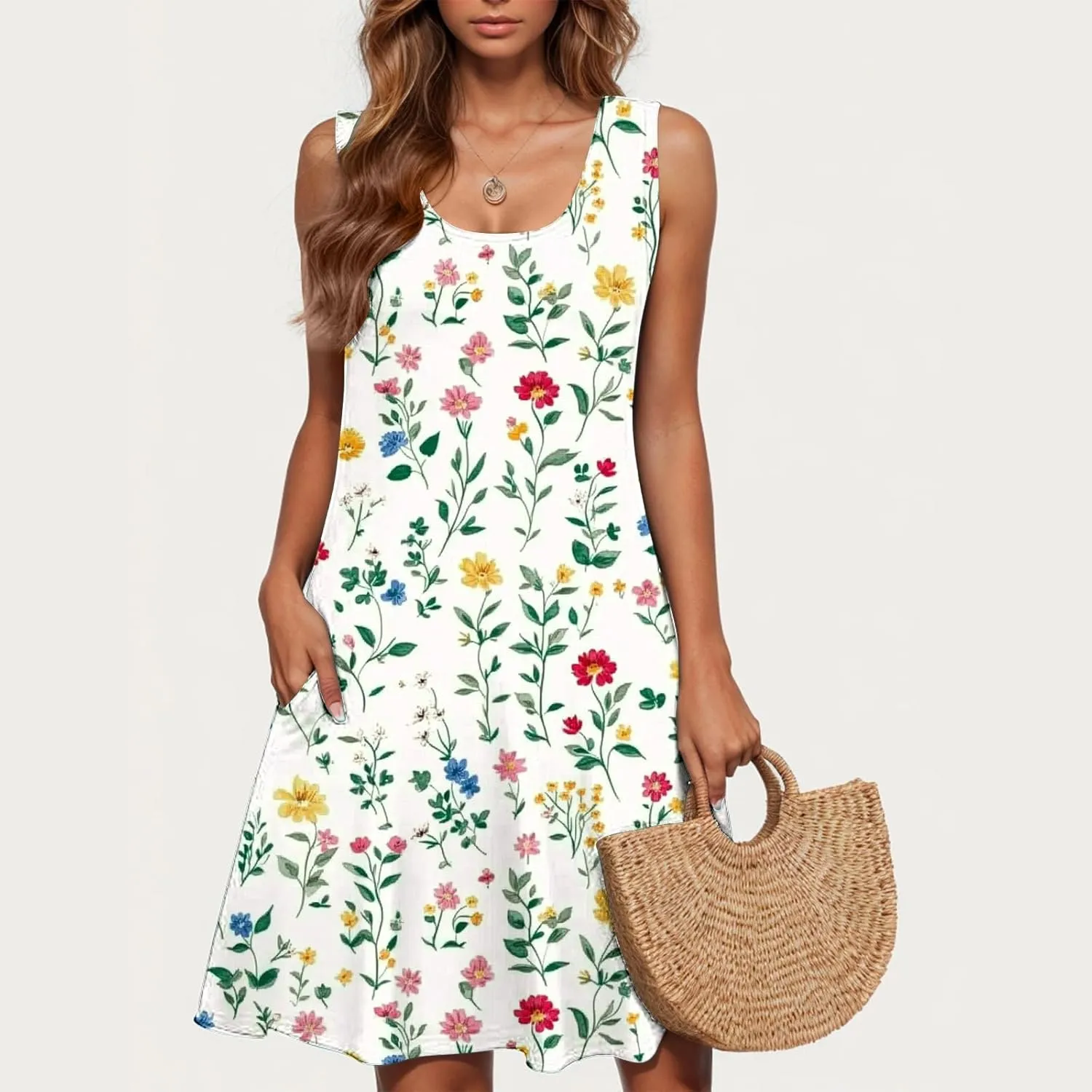 Sun Dresses for Women 2025 Vacation Bohemian Floral Flowy a Line Tank Dress Casual Summer Beach Coverup with Pockets