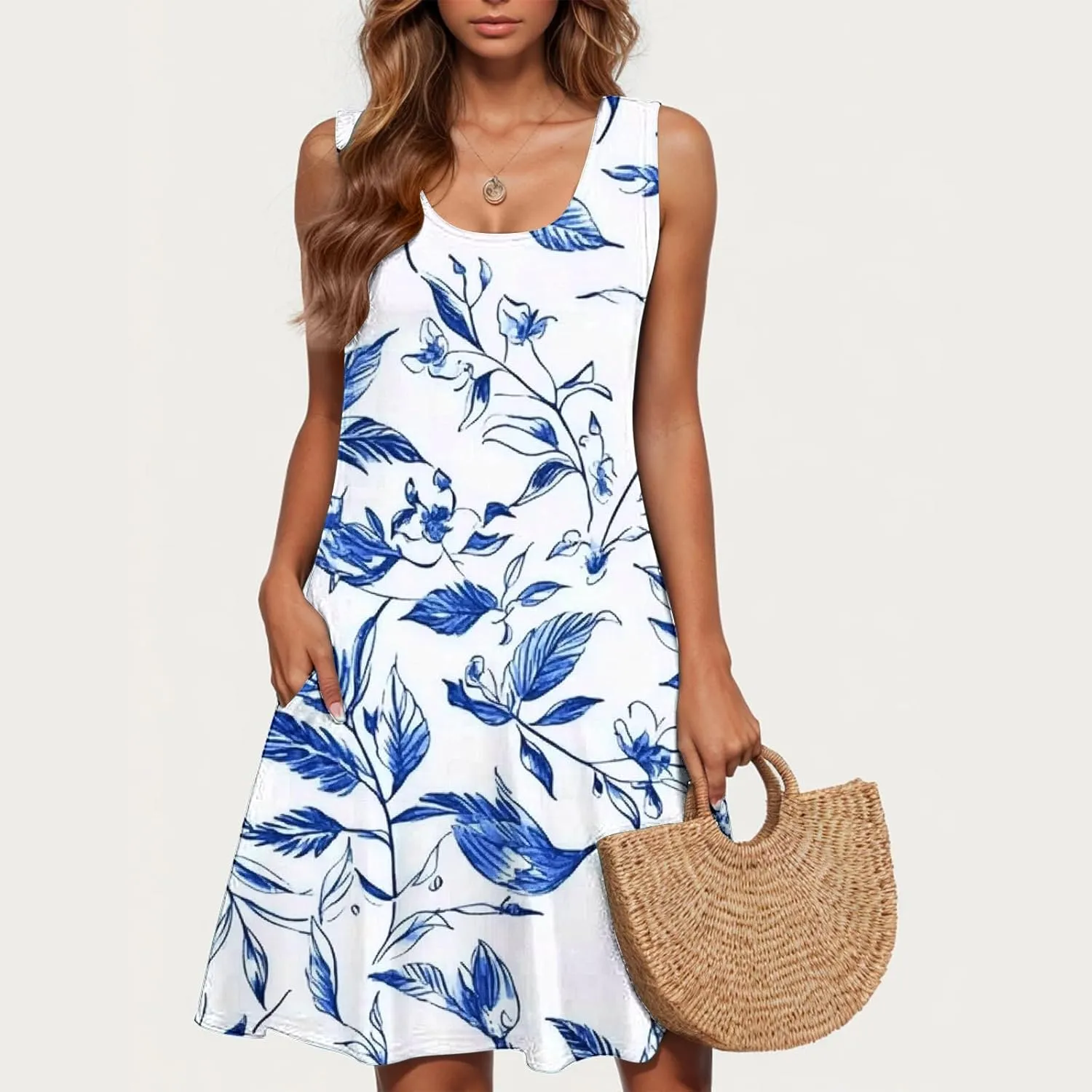 Sun Dresses for Women 2025 Vacation Bohemian Floral Flowy a Line Tank Dress Casual Summer Beach Coverup with Pockets