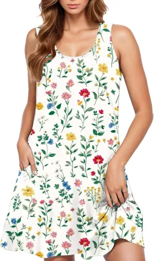 Sun Dresses for Women 2025 Vacation Bohemian Floral Flowy a Line Tank Dress Casual Summer Beach Coverup with Pockets