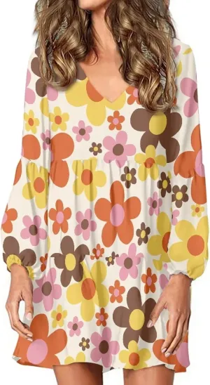 Suobstales Women's Dresses Fall Long Sleeve Mini Dress V Neck Flowy Casual A Line Sundress Swing Ruffle Dress