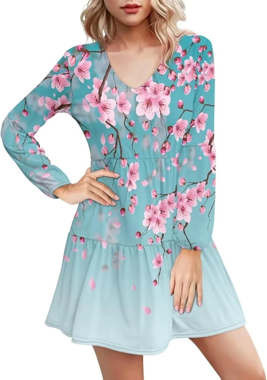 Suobstales Women's Dresses Fall Long Sleeve Mini Dress V Neck Flowy Casual A Line Sundress Swing Ruffle Dress