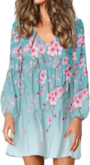 Suobstales Women's Dresses Fall Long Sleeve Mini Dress V Neck Flowy Casual A Line Sundress Swing Ruffle Dress