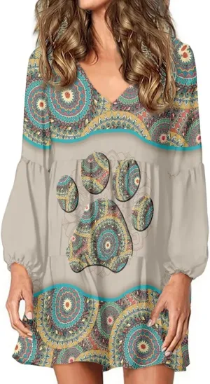 Suobstales Women's Dresses Fall Long Sleeve Mini Dress V Neck Flowy Casual A Line Sundress Swing Ruffle Dress