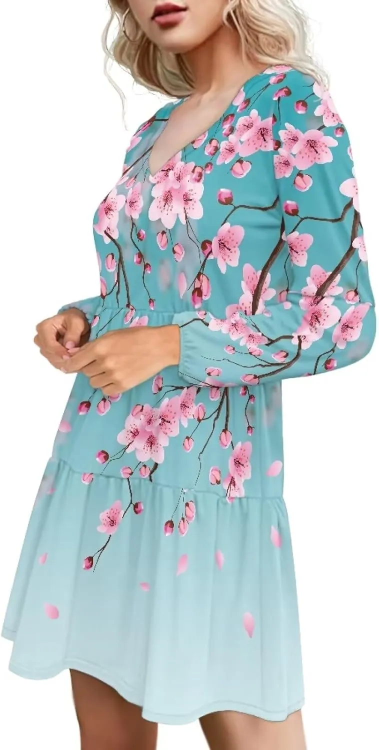 Suobstales Women's Dresses Fall Long Sleeve Mini Dress V Neck Flowy Casual A Line Sundress Swing Ruffle Dress