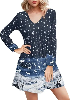 Suobstales Women's Long Sleeve V-Neck Dresses Casual Knee Length Dress Loose Wedding Guest Dress Flowy Swing Sundress