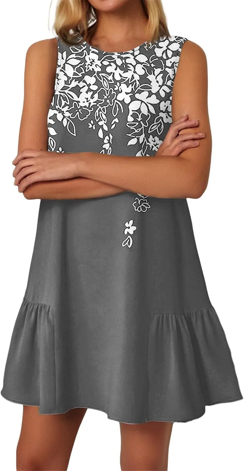T-Shirt Dresses Women Summer Sleeveless Ruffle Hem Mini Dress Casual Crewneck Cute Printed Sundress 2025