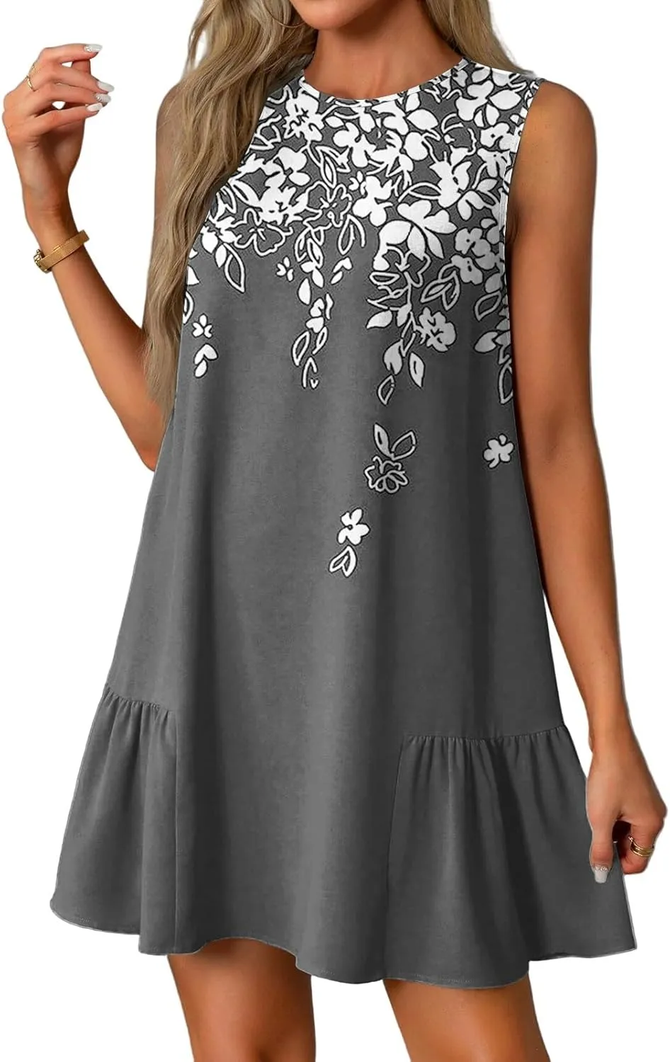 T-Shirt Dresses Women Summer Sleeveless Ruffle Hem Mini Dress Casual Crewneck Cute Printed Sundress 2025