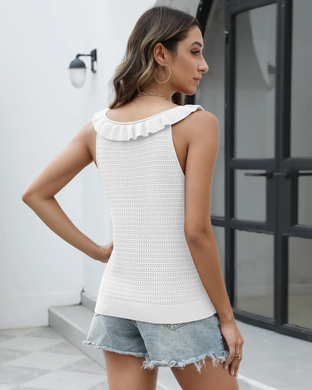 Tanou Women's Ruffled Neckline Sweater Vests Hollow Out Crochet Sleeveless Casual Knit Tank Tops