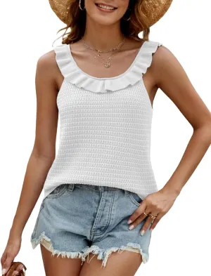Tanou Women's Ruffled Neckline Sweater Vests Hollow Out Crochet Sleeveless Casual Knit Tank Tops