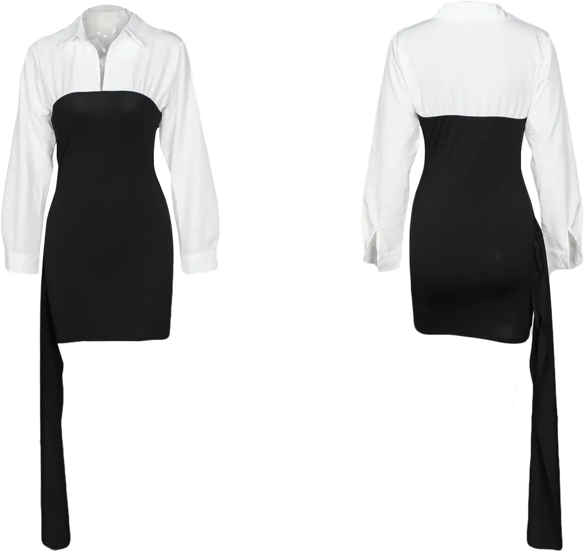 Tbahhir Women's Sexy Bodycon Mini Dress Patchwork Long Sleeve Short Dresses Ruched Business Formal Casual