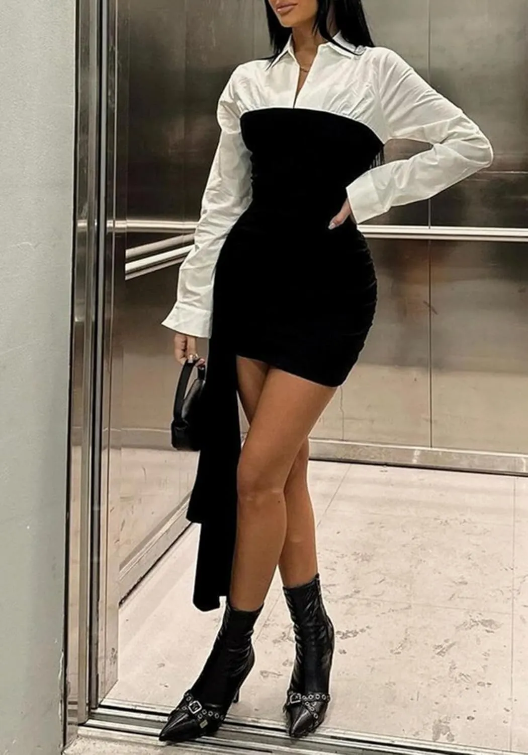 Tbahhir Women's Sexy Bodycon Mini Dress Patchwork Long Sleeve Short Dresses Ruched Business Formal Casual