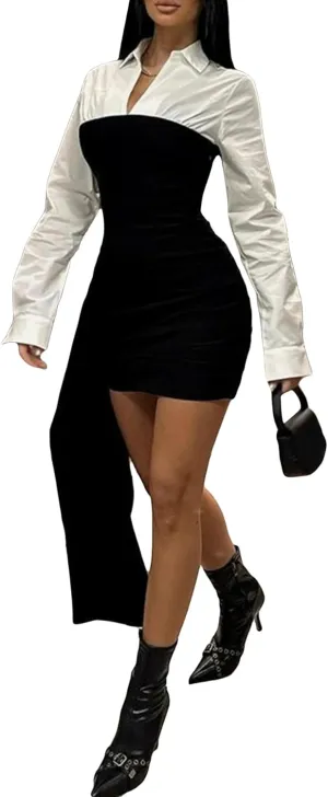 Tbahhir Women's Sexy Bodycon Mini Dress Patchwork Long Sleeve Short Dresses Ruched Business Formal Casual