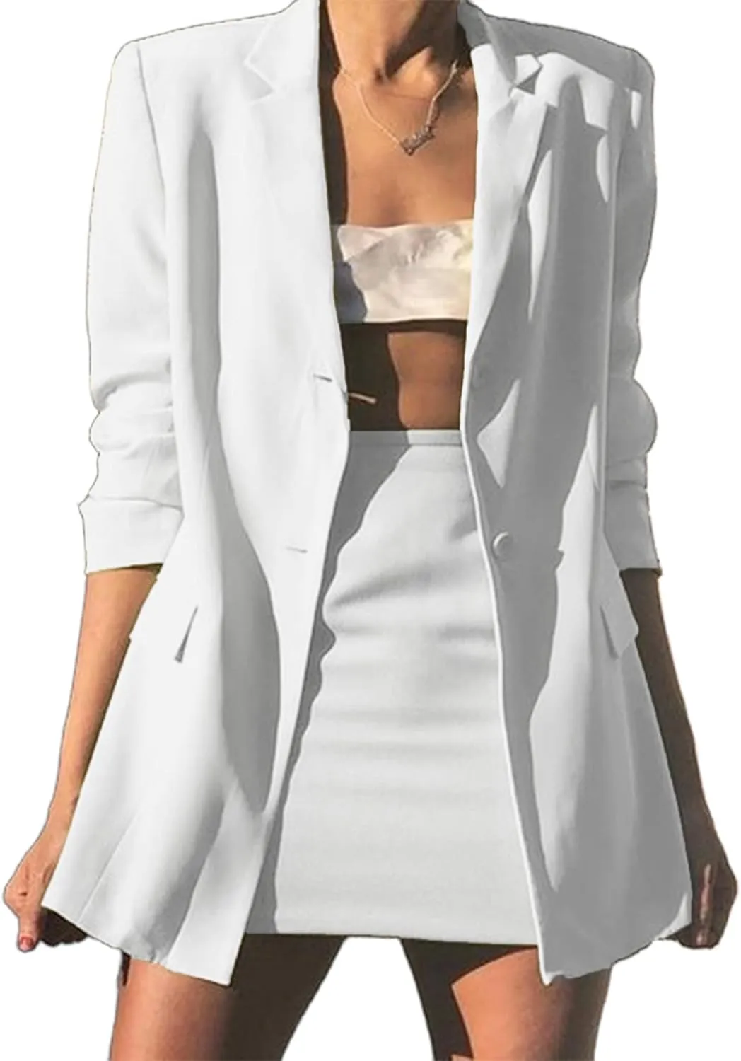 Tcremisa Women's 2 Piece Outfits Long Sleeve Lapel Blazer and Slit Mini Skirt Suit Set Office Business Suits
