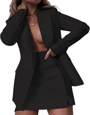 Tcremisa Women's 2 Piece Outfits Long Sleeve Lapel Blazer and Slit Mini Skirt Suit Set Office Business Suits