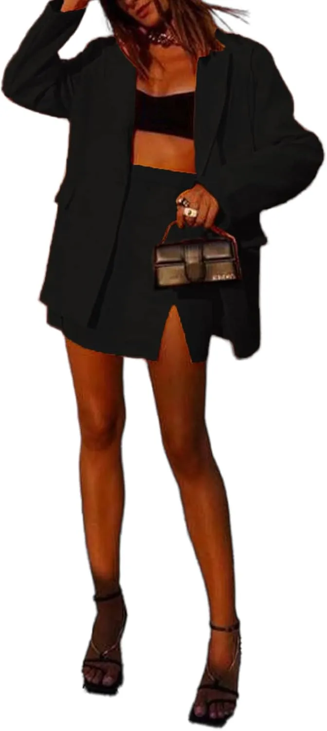 Tcremisa Women's 2 Piece Outfits Long Sleeve Lapel Blazer and Slit Mini Skirt Suit Set Office Business Suits