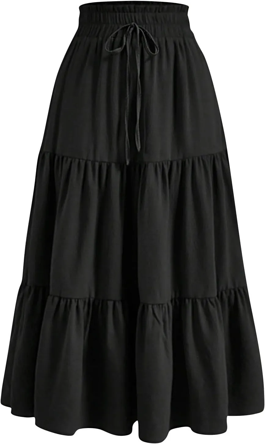 Tiered Maxi Skirts for Women Comfy Elastic High Waisted Summer Cover Ups Ruffle Hem Flowy Swing Long Skorts