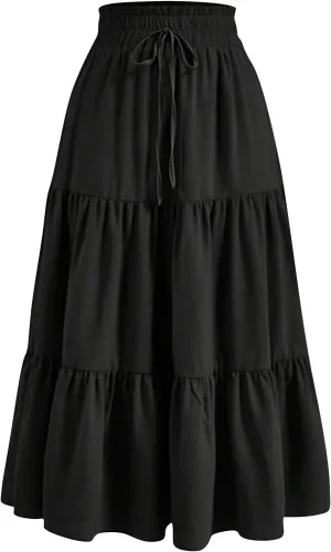 Tiered Maxi Skirts for Women Comfy Elastic High Waisted Summer Cover Ups Ruffle Hem Flowy Swing Long Skorts