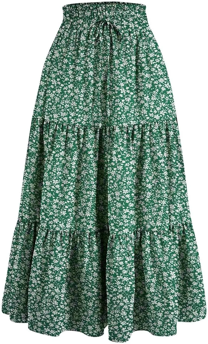 Tiered Maxi Skirts for Women Comfy Ruffle Hem Flowy Swing Long Skorts Elastic High Waisted Summer Cover Ups