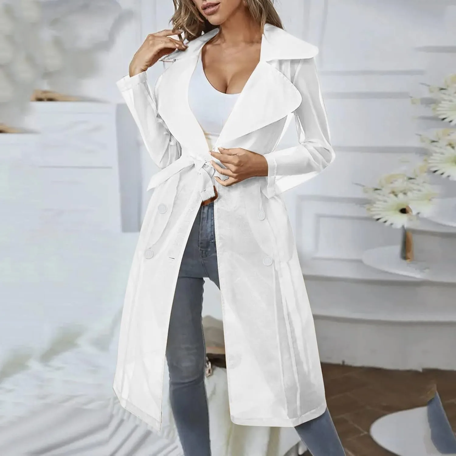 Trench Coats for Women Daily Sun Clothing Sheer Mesh Jackets Notch Lapel Double Breasted Womens Fitted Vests