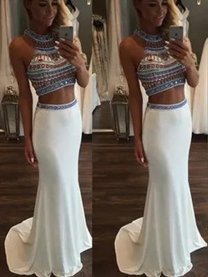 Trumpet/Mermaid Sleeveless Halter Beading Sweep/Brush Train Spandex Two Piece Dresses