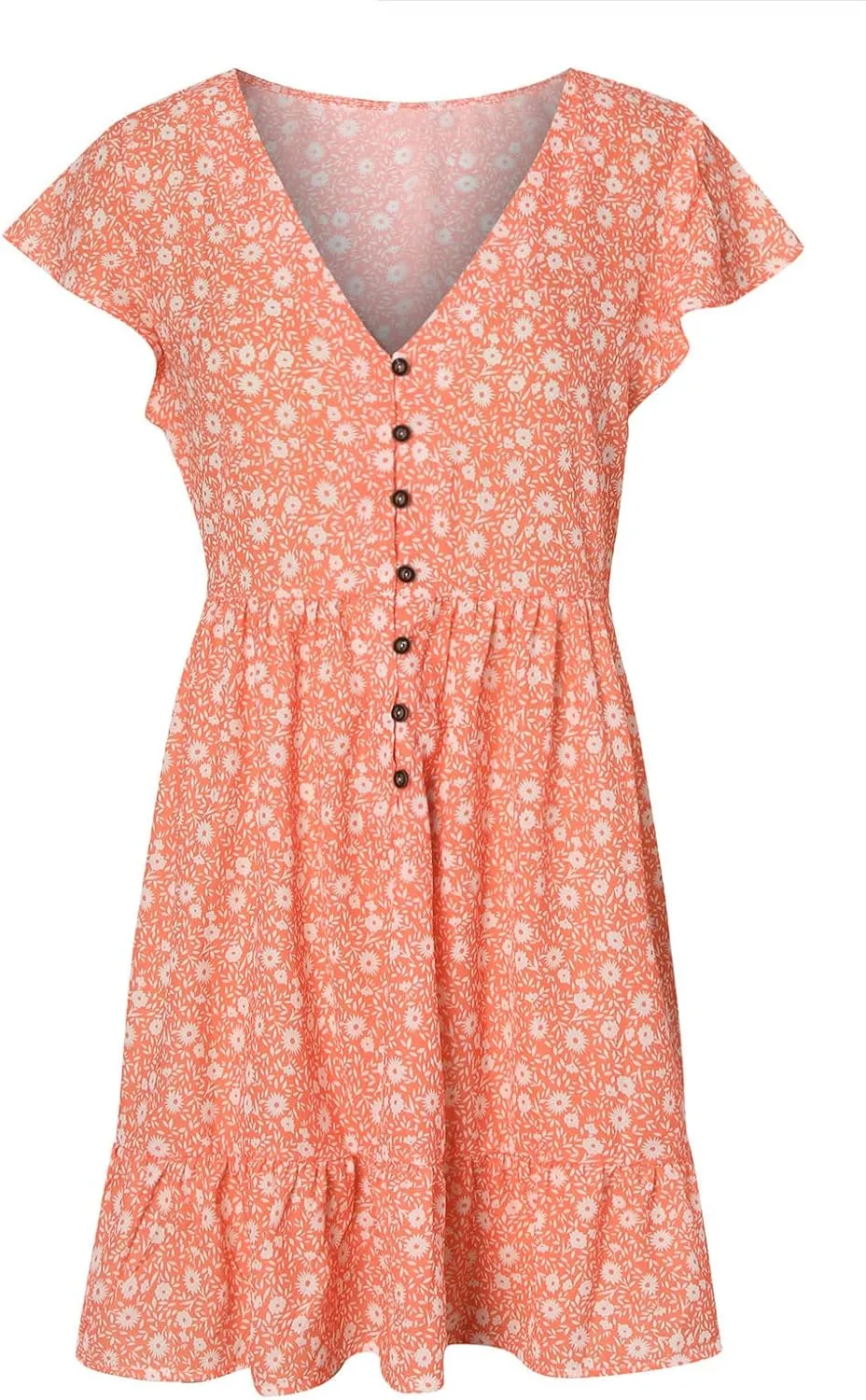 tuduoms Womens Summer Ruffle Mini Dress Cap Short Sleeves Ditsy Floral V Neck Button Beach Casual Loose Pleated Tiered Dress