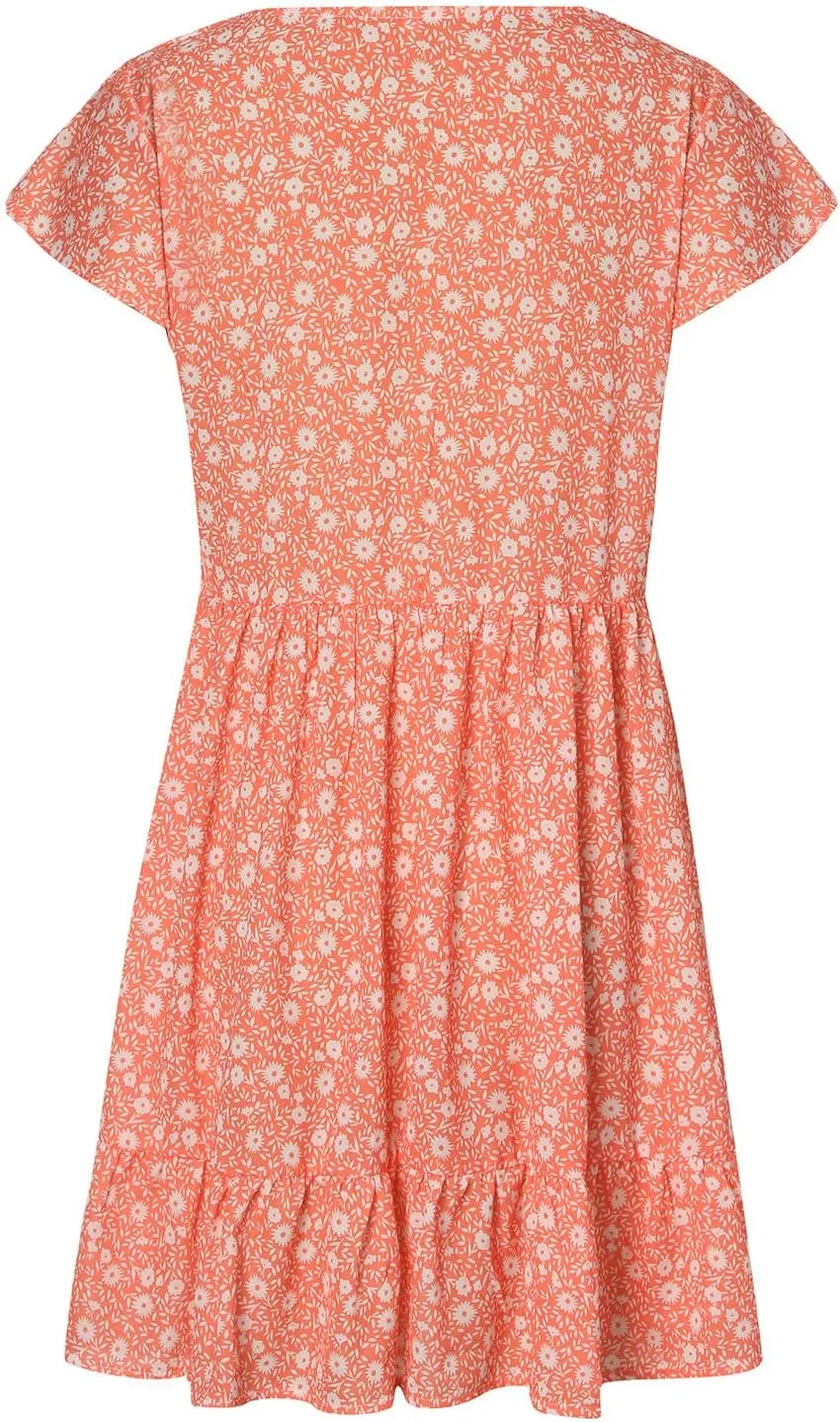 tuduoms Womens Summer Ruffle Mini Dress Cap Short Sleeves Ditsy Floral V Neck Button Beach Casual Loose Pleated Tiered Dress