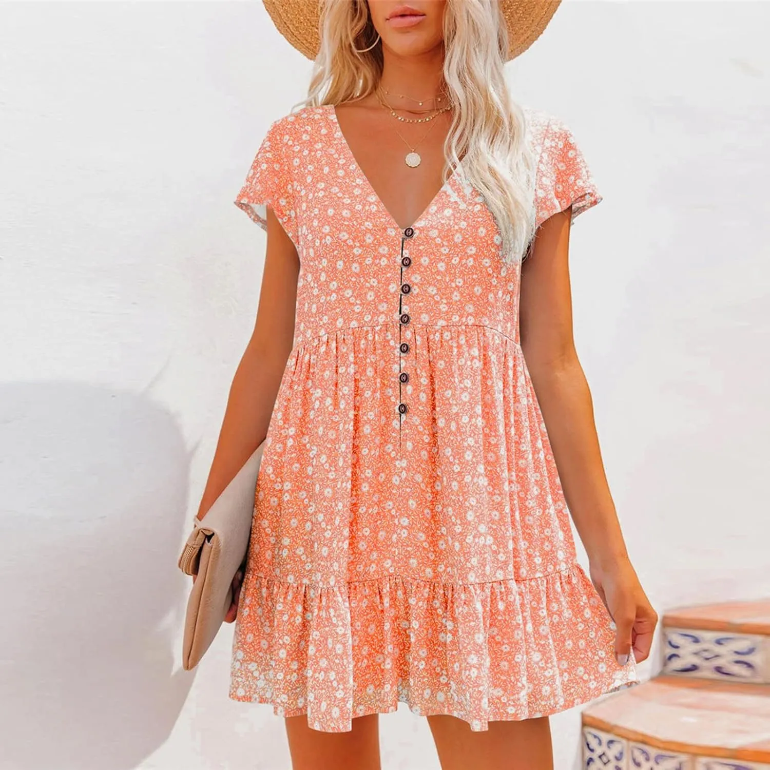 tuduoms Womens Summer Ruffle Mini Dress Cap Short Sleeves Ditsy Floral V Neck Button Beach Casual Loose Pleated Tiered Dress