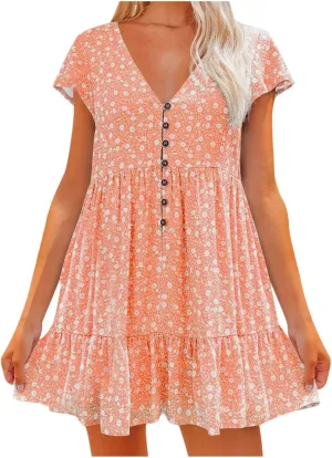 tuduoms Womens Summer Ruffle Mini Dress Cap Short Sleeves Ditsy Floral V Neck Button Beach Casual Loose Pleated Tiered Dress