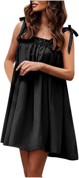 tuduoms Womens Summer Tie Strap Babydoll Dress Ruffle Pleated Flared Flowy Sundress Sleeveless Casual Beach Party Mini Dress