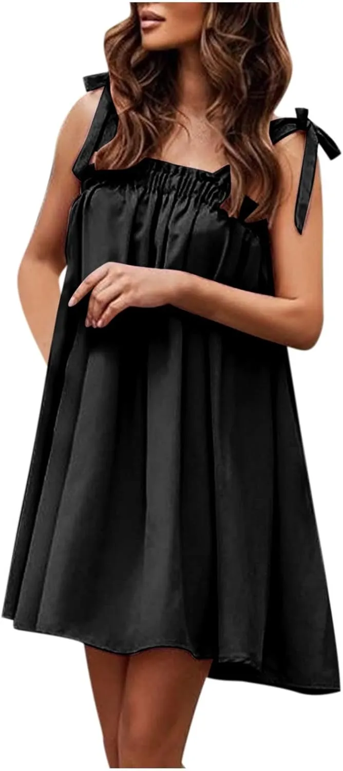 tuduoms Womens Summer Tie Strap Babydoll Dress Ruffle Pleated Flared Flowy Sundress Sleeveless Casual Beach Party Mini Dress