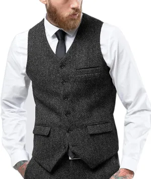 Tuikayoo Mens Herringbone Suits Vests Wool Business Tweed Retro Waistcoats Groomsman Slim Fit