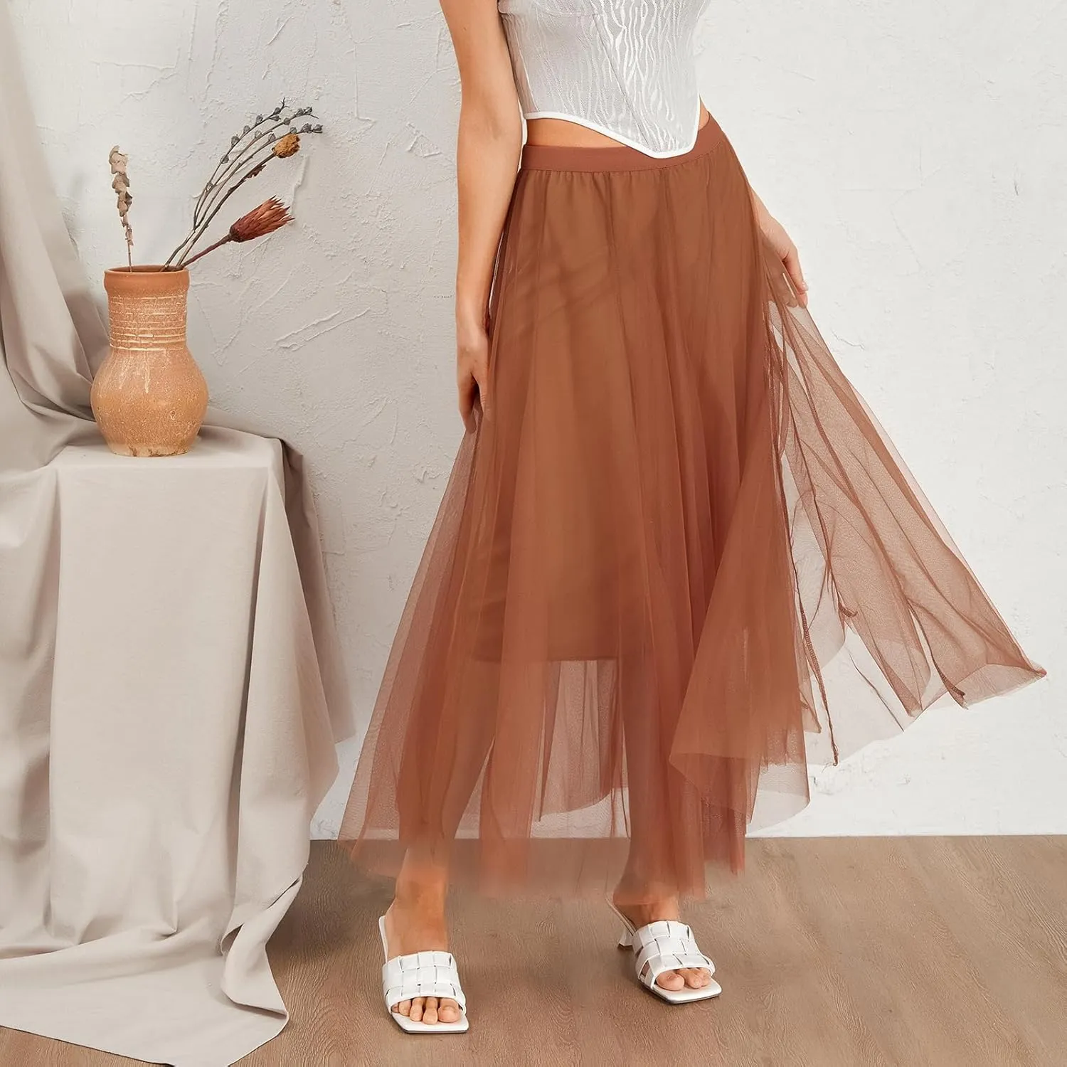 Tulle Skirts for Women Pleated Layered Tutu Skirt Ladies Elegant Flowy Long Skirts Bridesmaid Wedding Midi Skirt