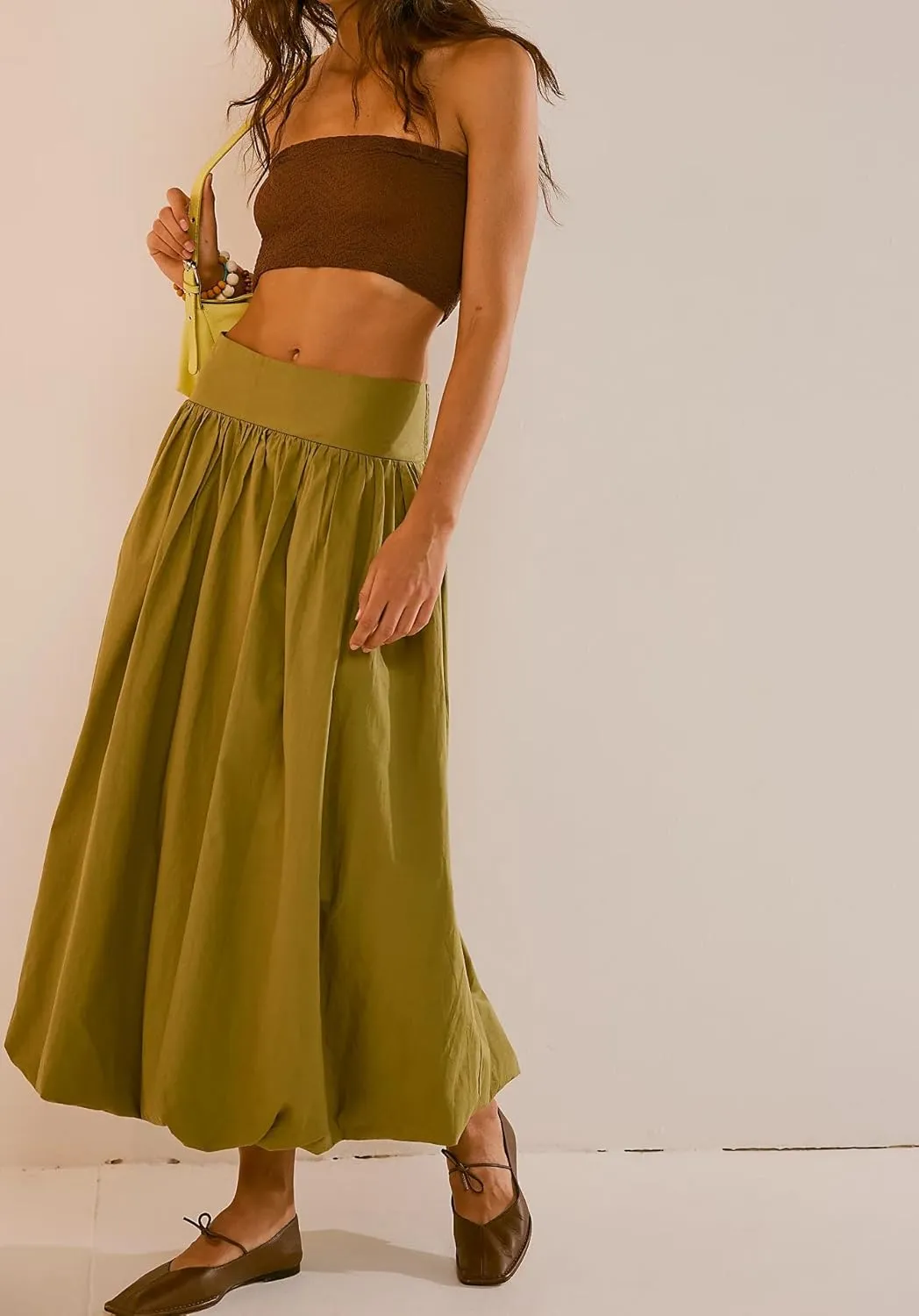 UAURORAO Women Y2K Bubble Maxi Skirts High Waist Ruffle Hem Pleated Long Skirts A Line Midi Dress Summer Streetwear