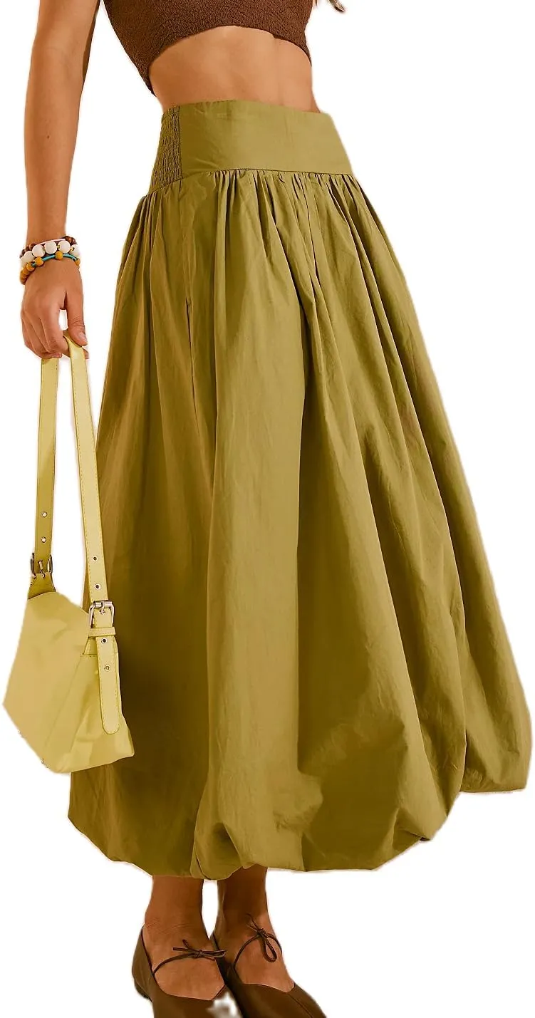 UAURORAO Women Y2K Bubble Maxi Skirts High Waist Ruffle Hem Pleated Long Skirts A Line Midi Dress Summer Streetwear