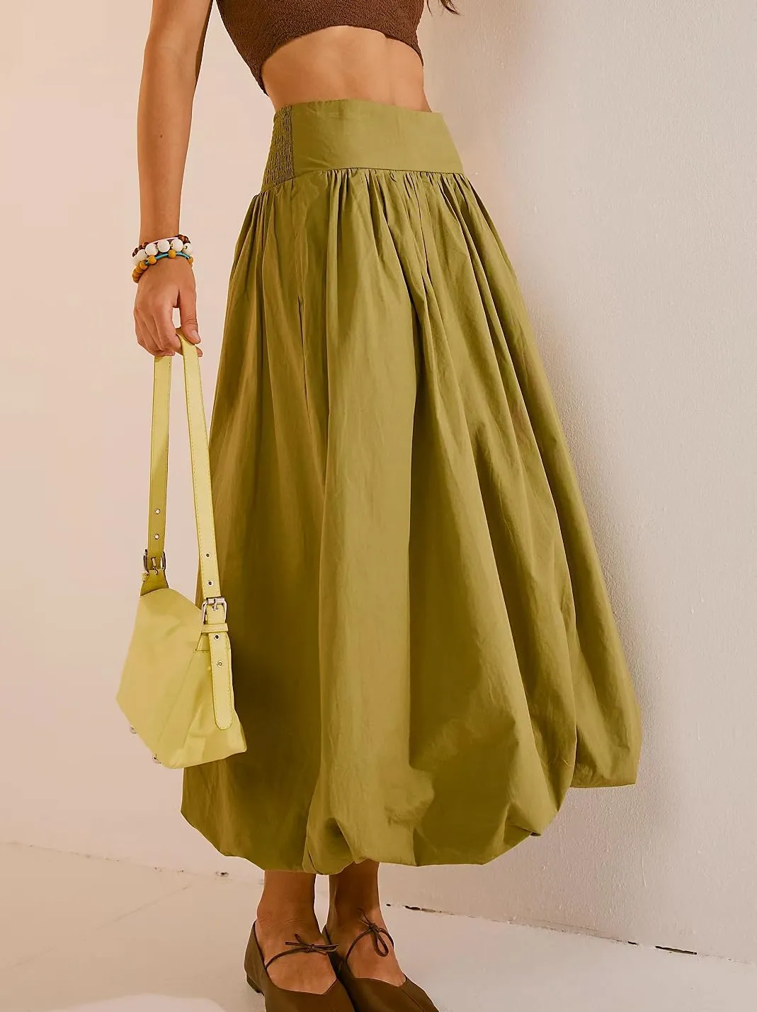 UAURORAO Women Y2K Bubble Maxi Skirts High Waist Ruffle Hem Pleated Long Skirts A Line Midi Dress Summer Streetwear