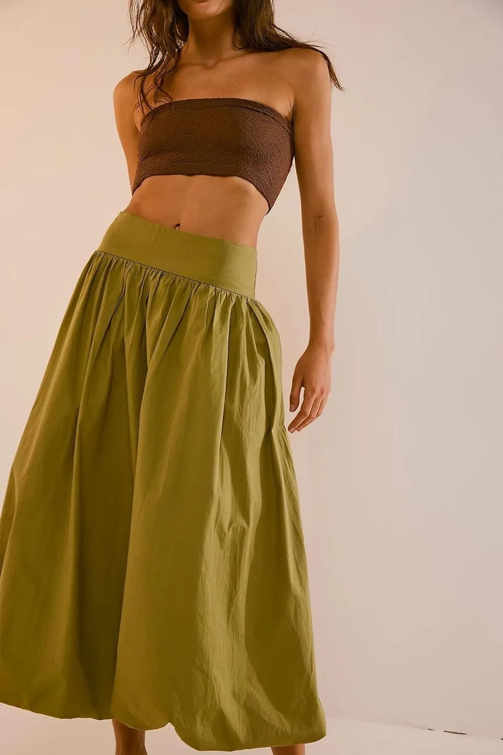 UAURORAO Women Y2K Bubble Maxi Skirts High Waist Ruffle Hem Pleated Long Skirts A Line Midi Dress Summer Streetwear