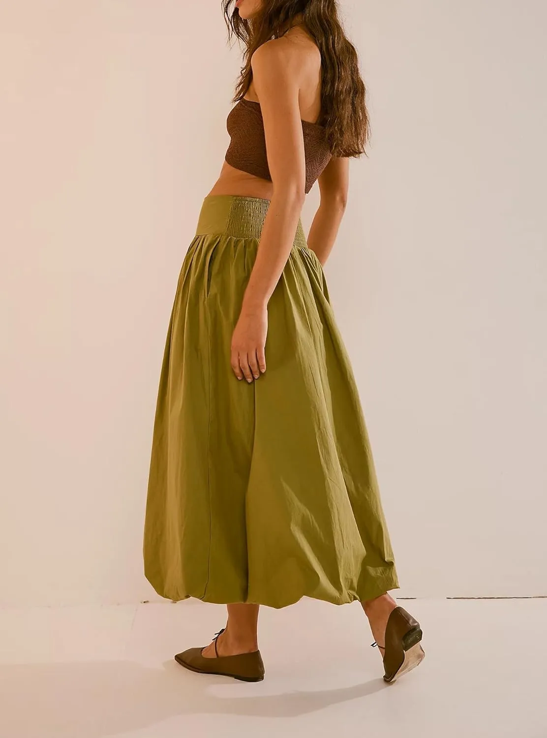 UAURORAO Women Y2K Bubble Maxi Skirts High Waist Ruffle Hem Pleated Long Skirts A Line Midi Dress Summer Streetwear