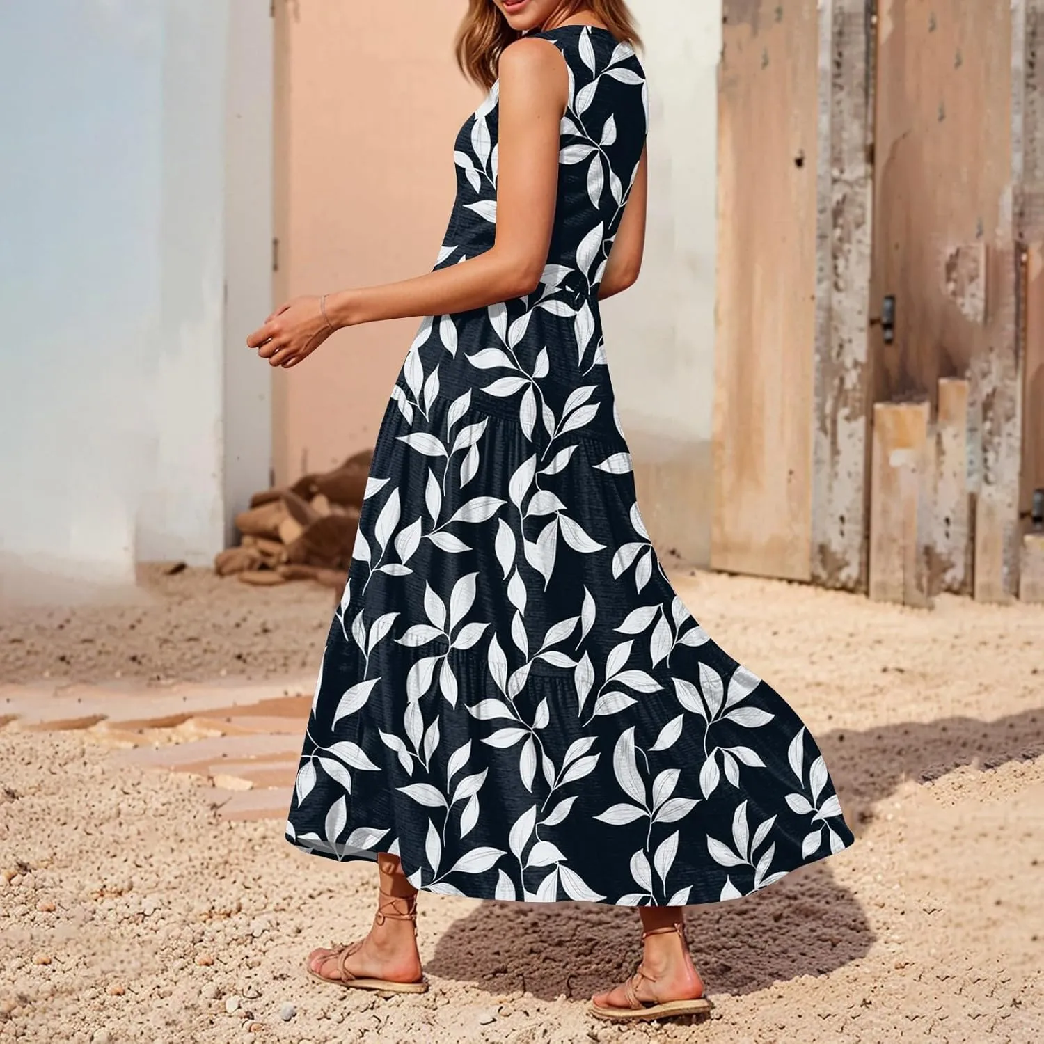 V Neck Summer Dresses for Women 2025 Long Floral Beach Tiered Sleeveless Dress Flowy Empire Waist Boho Midi Sundress