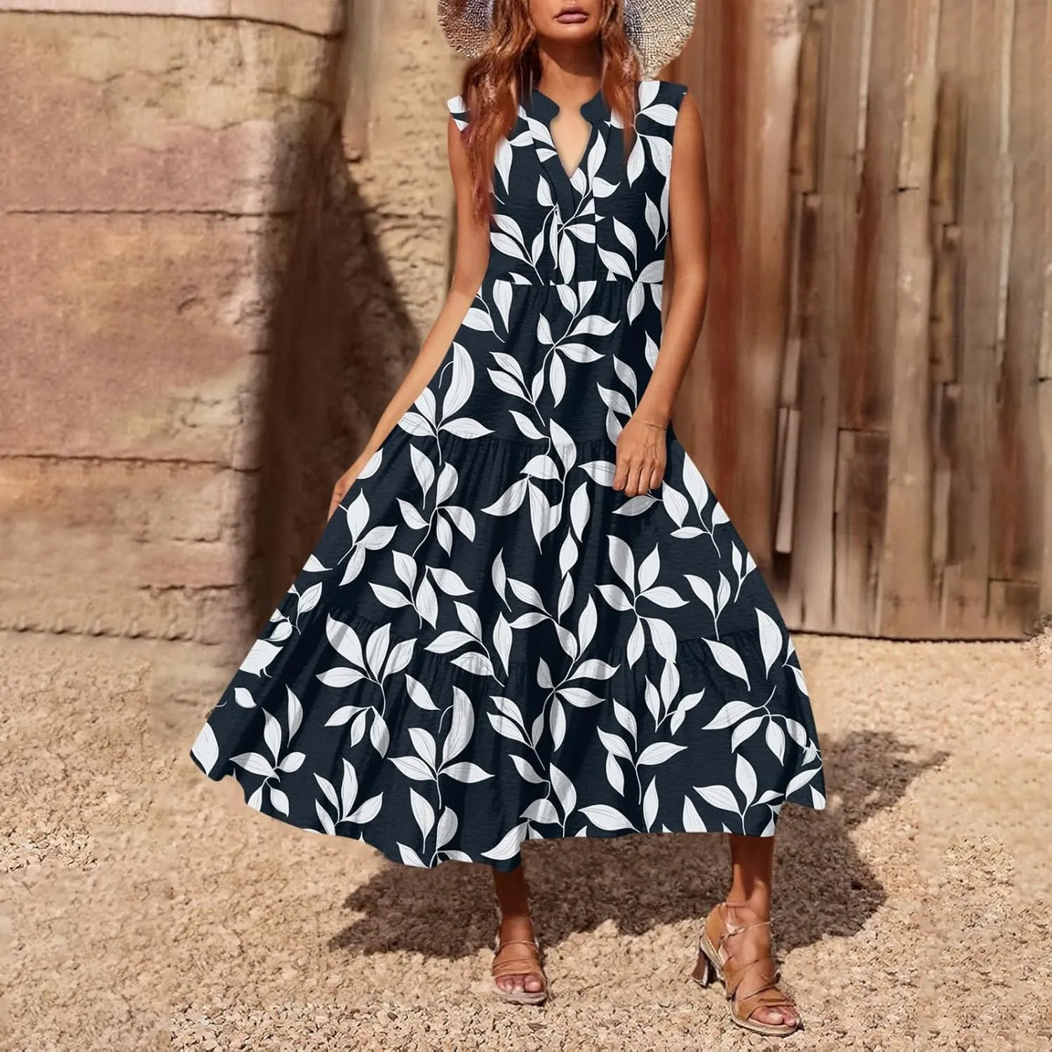 V Neck Summer Dresses for Women 2025 Long Floral Beach Tiered Sleeveless Dress Flowy Empire Waist Boho Midi Sundress