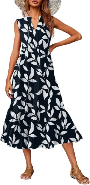 V Neck Summer Dresses for Women 2025 Long Floral Beach Tiered Sleeveless Dress Flowy Empire Waist Boho Midi Sundress