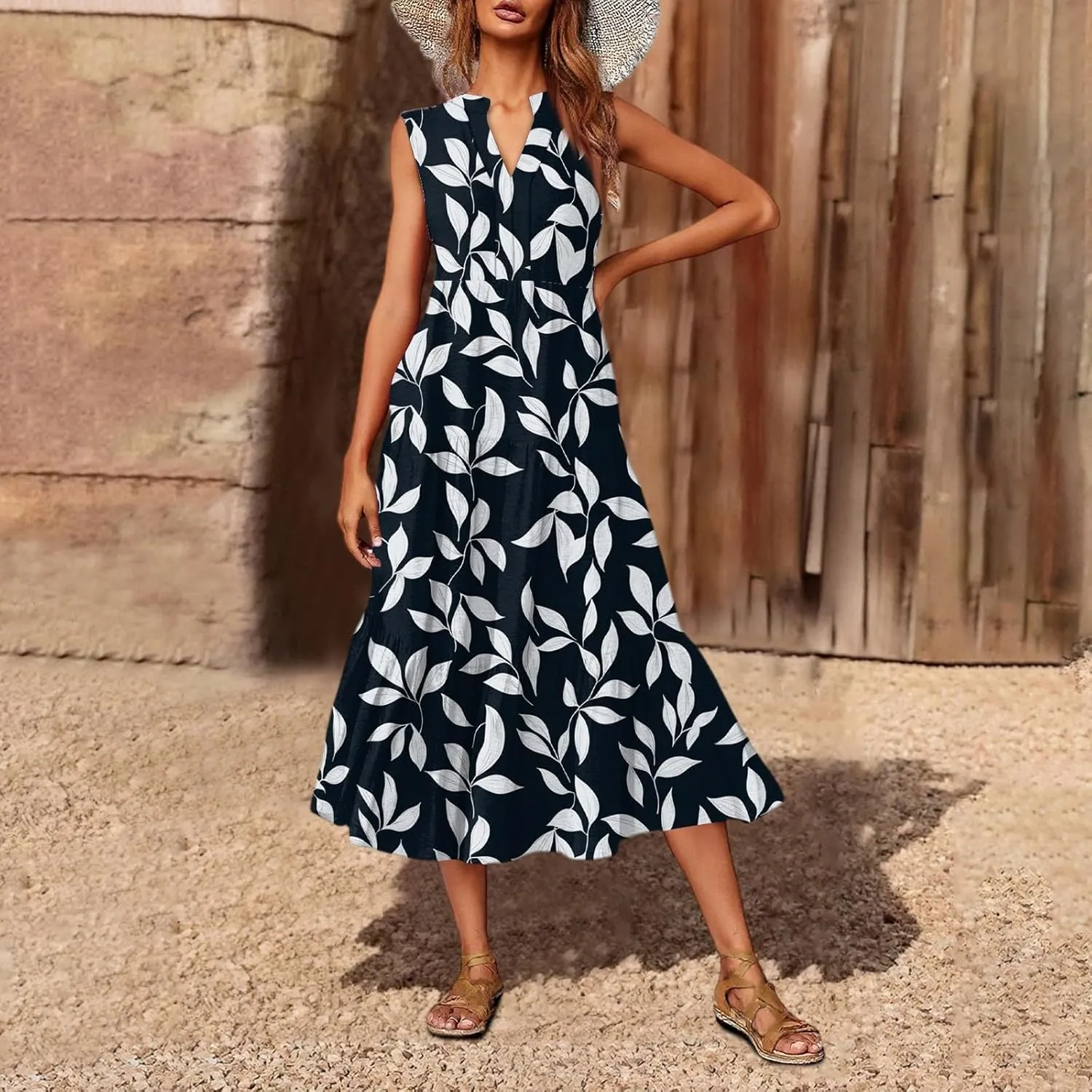 V Neck Summer Dresses for Women 2025 Long Floral Beach Tiered Sleeveless Dress Flowy Empire Waist Boho Midi Sundress